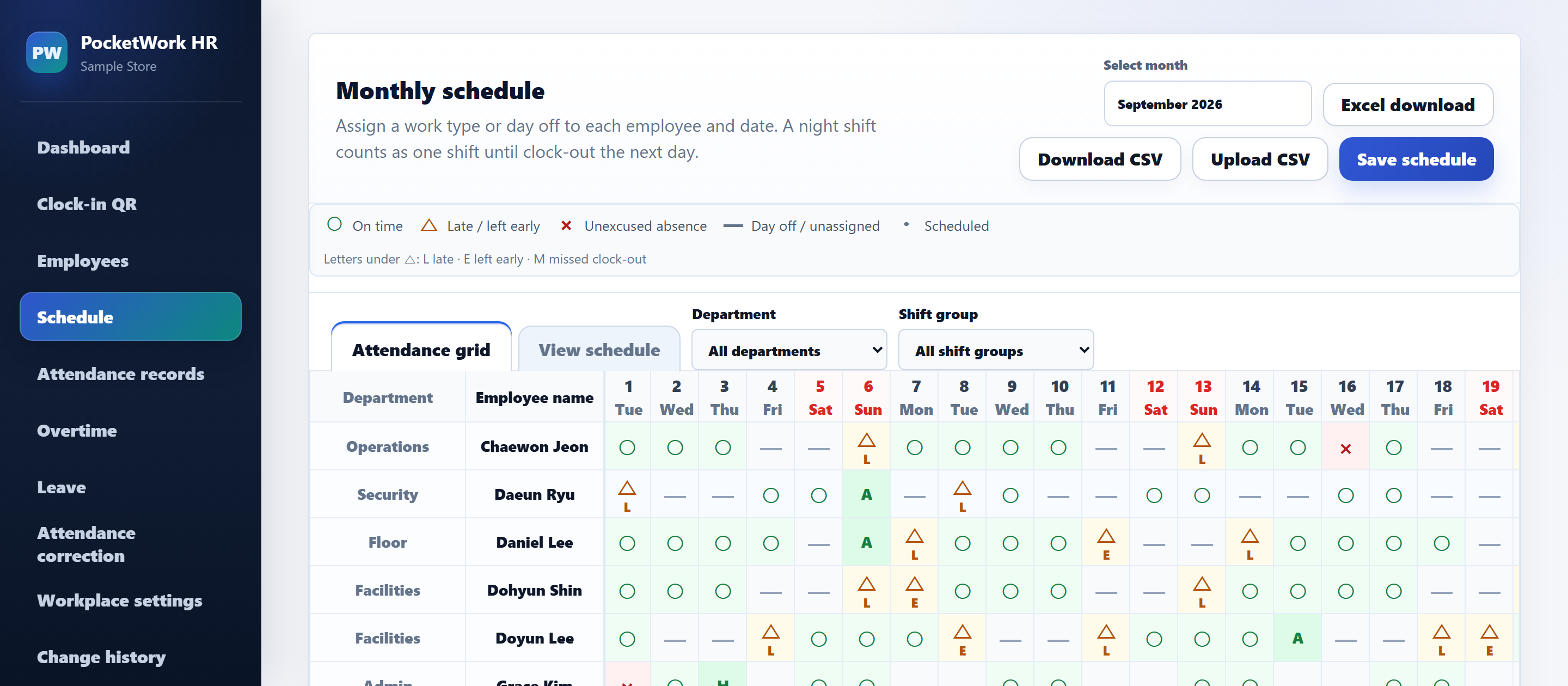 Monthly attendance grid on the manager screen: each employee's days marked on time, late, absent or on leave (sample data)